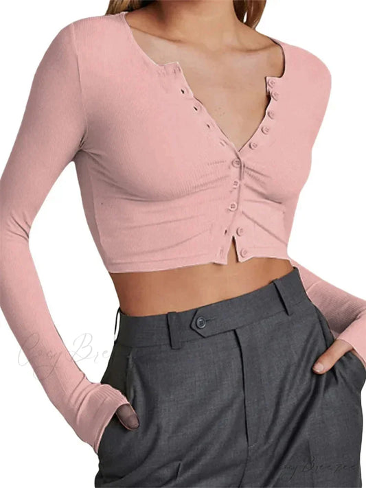 Long Sleeve Front Buttons Up Slim Fit Casual T-Shirts PINK / S