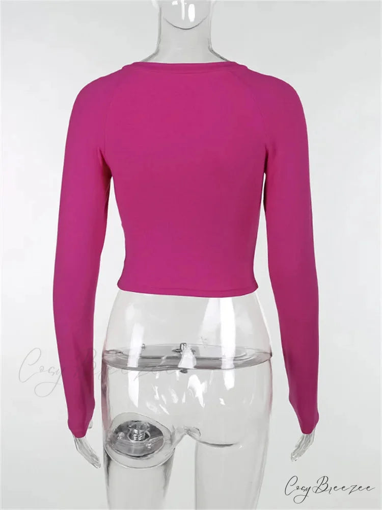 Long Sleeve Front Criss-Cross Solid Color Slim Fit T-shirts