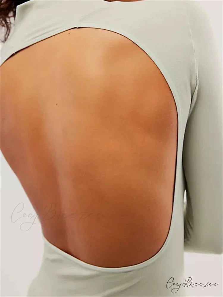 Long Sleeve High Neck Backless Slim Fit Solid Color T-Shirts