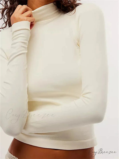 Long Sleeve High Neck Backless Slim Fit Solid Color T-Shirts B / S