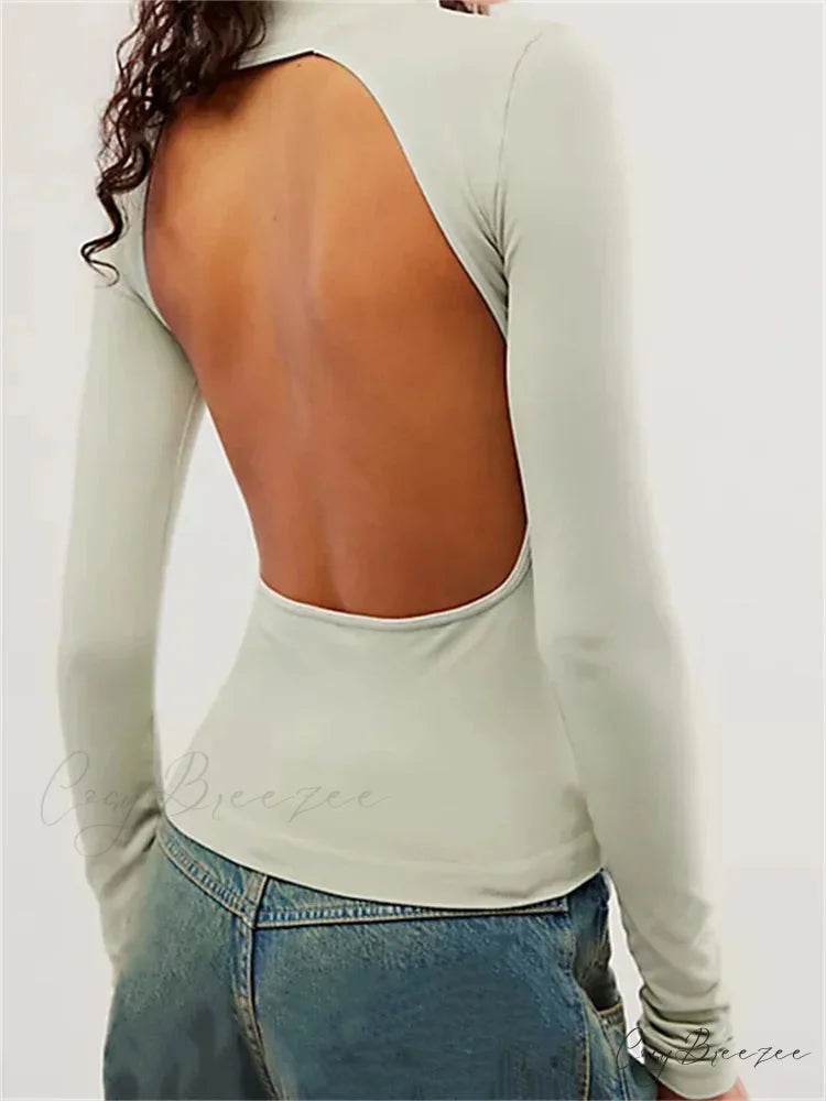 Long Sleeve High Neck Backless Slim Fit Solid Color T-Shirts C / S