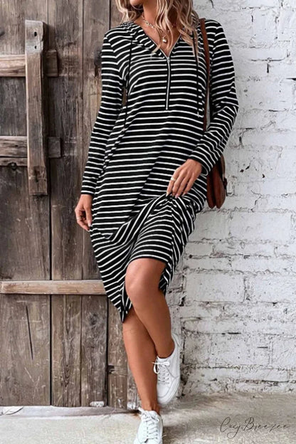 Long Sleeve Hooded Dress with Stripes Black / M