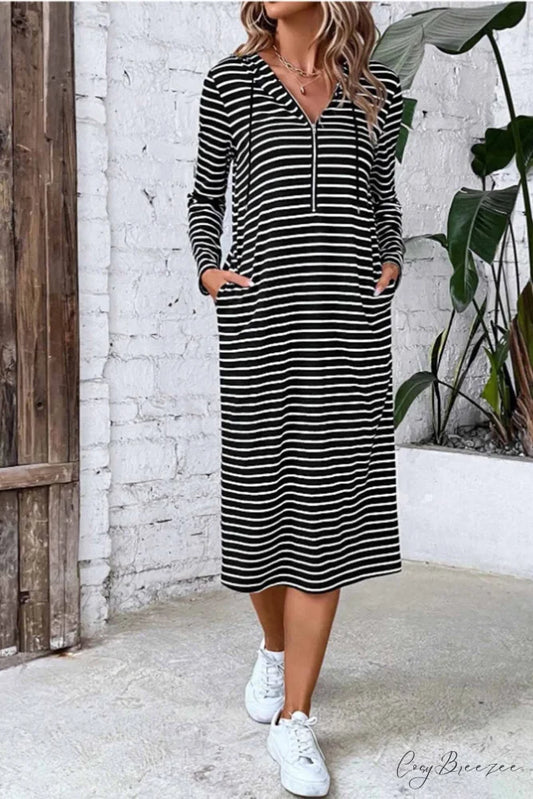 Long Sleeve Hooded Dress with Stripes Black / S