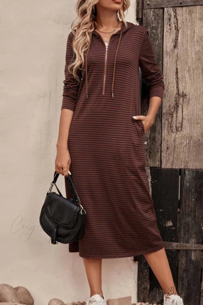 Long Sleeve Hooded Dress with Stripes Coffee / L