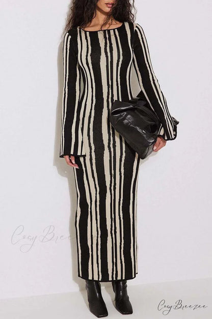 Long Sleeve Knitted Dress with Contrast Color Black / M