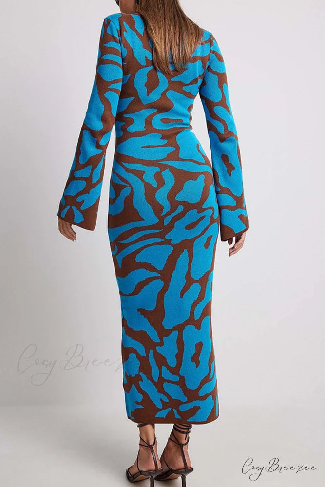 Long Sleeve Knitted Dress with Contrast Color Blue / M