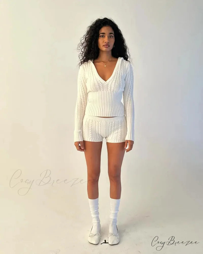 Long Sleeve Knitted V-Neck Graceful Hooded Sweater And Shorts Set
