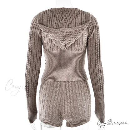 Long Sleeve Knitted V-Neck Graceful Hooded Sweater And Shorts Set