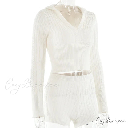 Long Sleeve Knitted V-Neck Graceful Hooded Sweater And Shorts Set