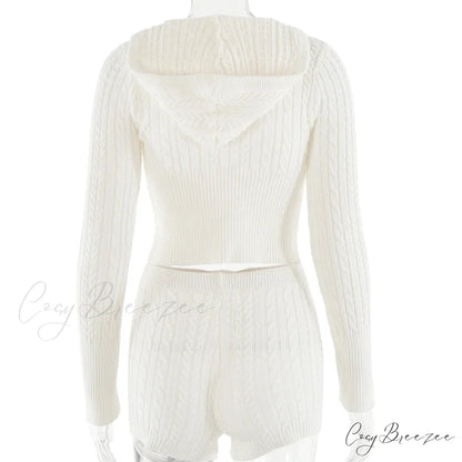 Long Sleeve Knitted V-Neck Graceful Hooded Sweater And Shorts Set