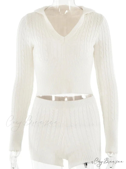Long Sleeve Knitted V-Neck Graceful Hooded Sweater And Shorts Set