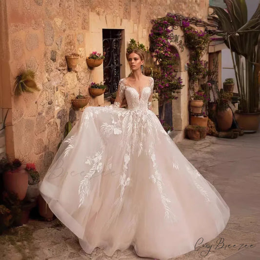 Long Sleeve Lace Applique Wedding Dress lvory white / US2 weddingdress-250223