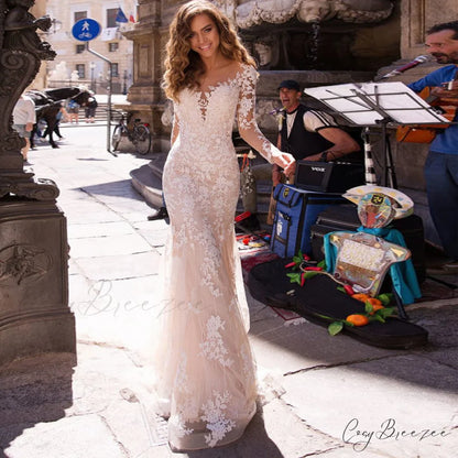 Long Sleeve Lace Embroidery Wedding Dress White / 2 weddingdress-250223