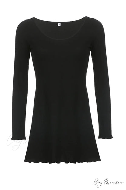 Long Sleeve Lacework Hem Dress with Round Neck