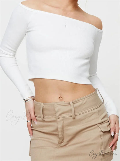 Long Sleeve Off-shoulder Solid Slim Fit Ribbed Hollow Out T-Shirts WHITE / S
