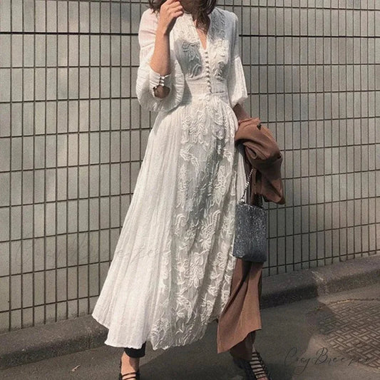 Long Sleeve Oversized Floral Ethnic Boho Dress White / S bohodress-250126