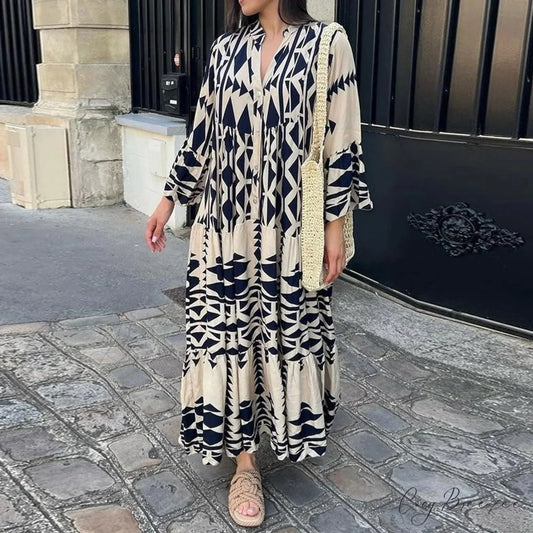 Long Sleeve Pleated Boho Dress bohodress-250126