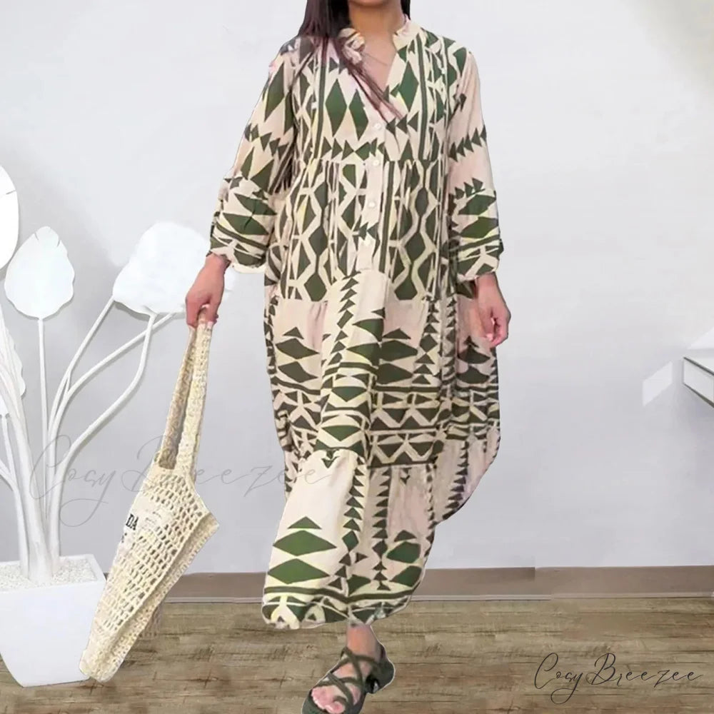 Long Sleeve Pleated Boho Dress Green / S bohodress-250126