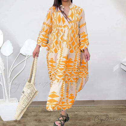 Long Sleeve Pleated Boho Dress Yellow / S bohodress-250126