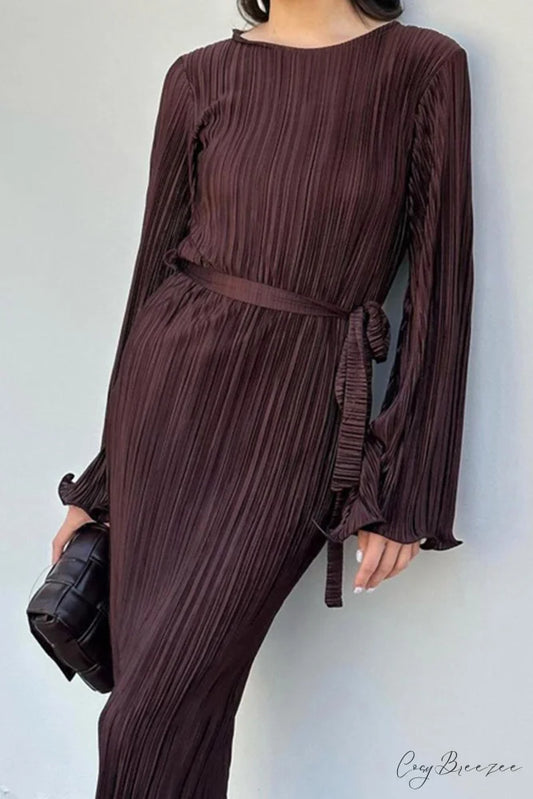 Long Sleeve Pleated Flares Dress with Tie-waist Brown / S