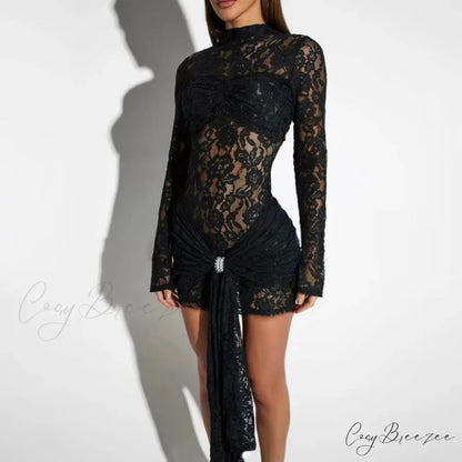 Long-Sleeve Pleated Wrap Mini Dress Black / S minidress-250223