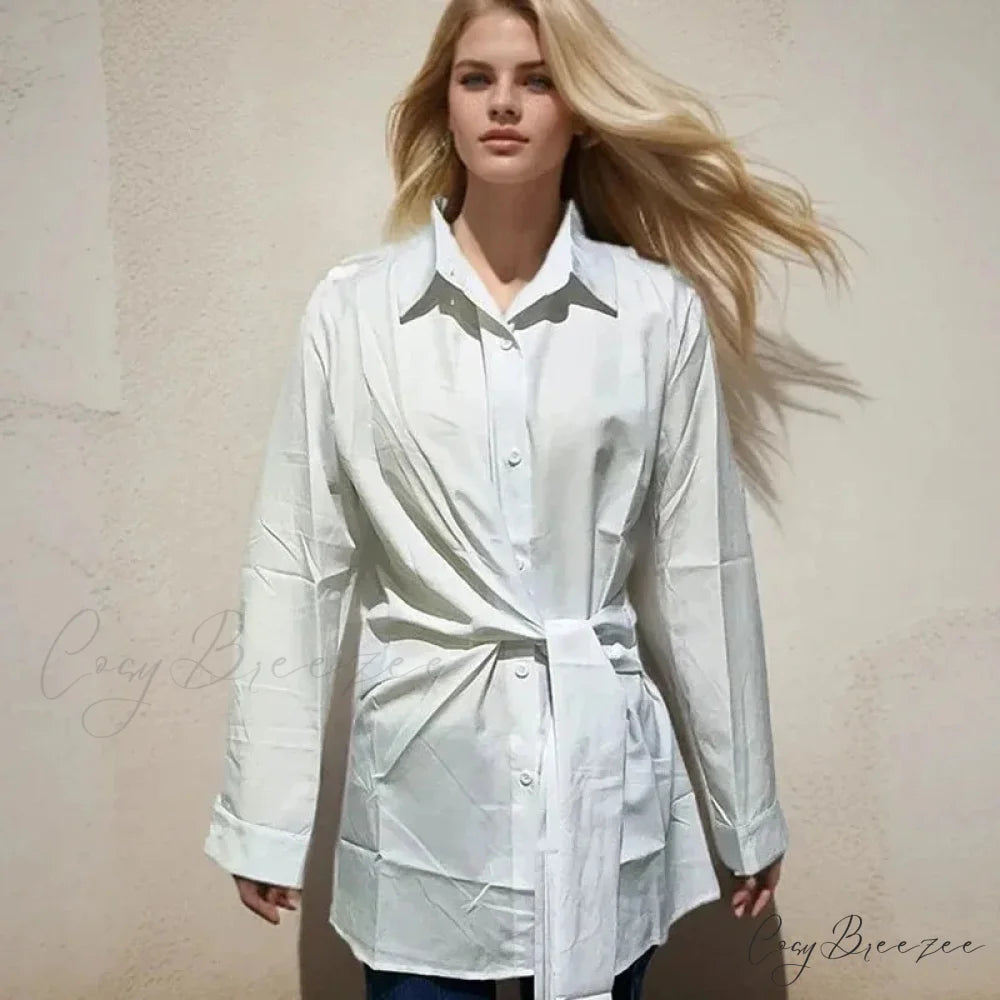 Long Sleeve Ruched Lace-up White Crop Top blouse-250126