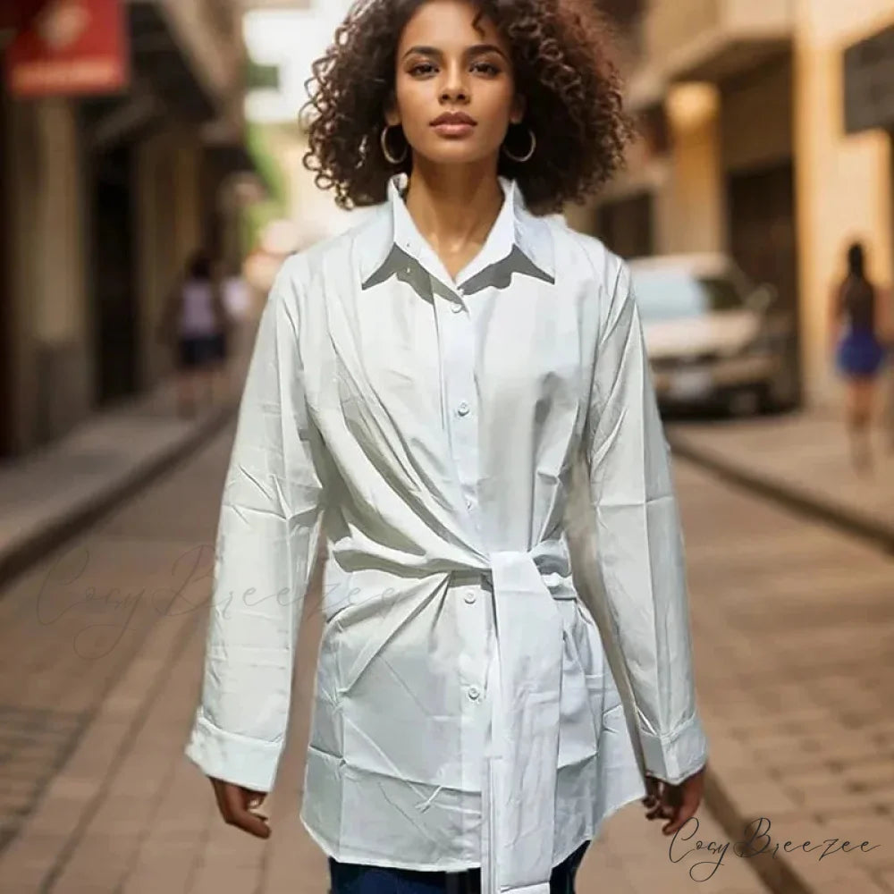 Long Sleeve Ruched Lace-up White Crop Top blouse-250126