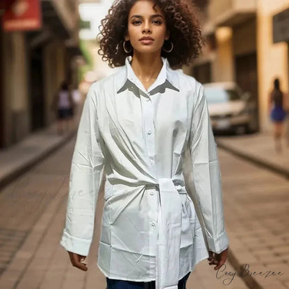 Long Sleeve Ruched Lace-up White Crop Top blouse-250126