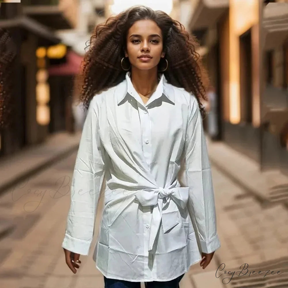 Long Sleeve Ruched Lace-up White Crop Top WHITE / S blouse-250126