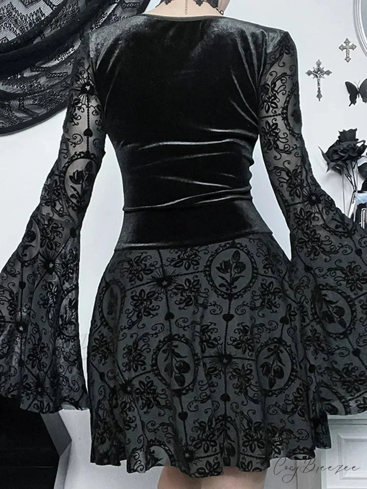 Long Sleeve Ruffle Mini Vintage V Neck Velvet Stretchy Bodycon Cocktail Victorian Dress
