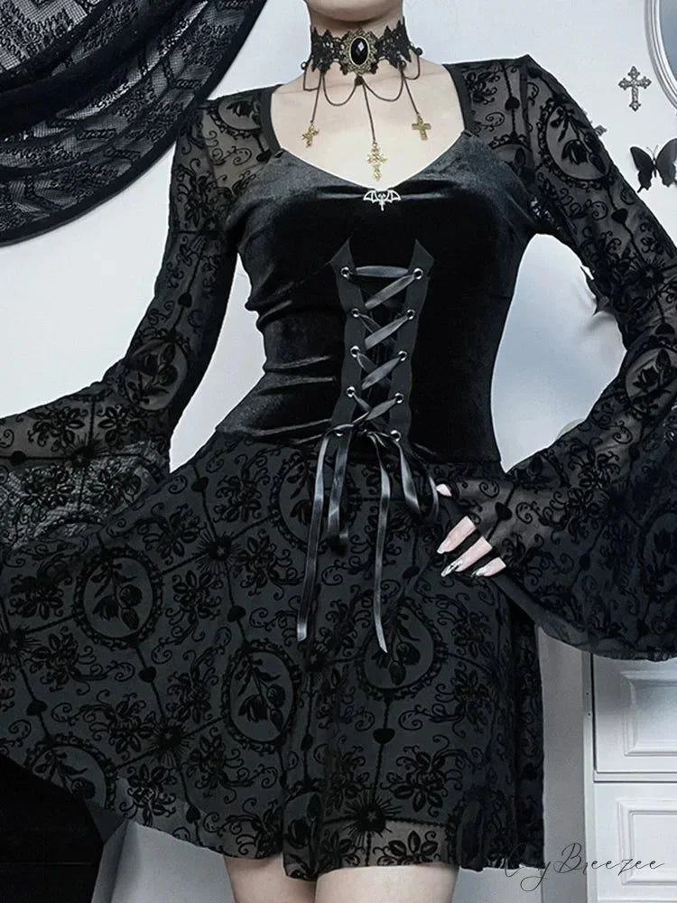 Long Sleeve Ruffle Mini Vintage V Neck Velvet Stretchy Bodycon Cocktail Victorian Dress