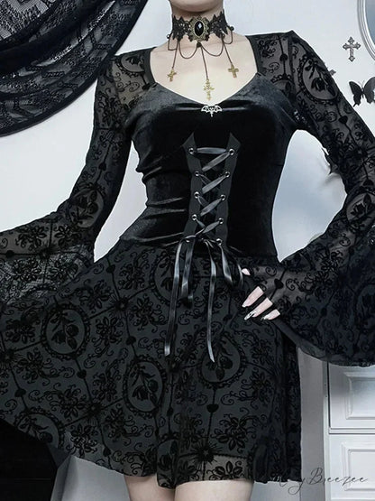 Long Sleeve Ruffle Mini Vintage V Neck Velvet Stretchy Bodycon Cocktail Victorian Dress