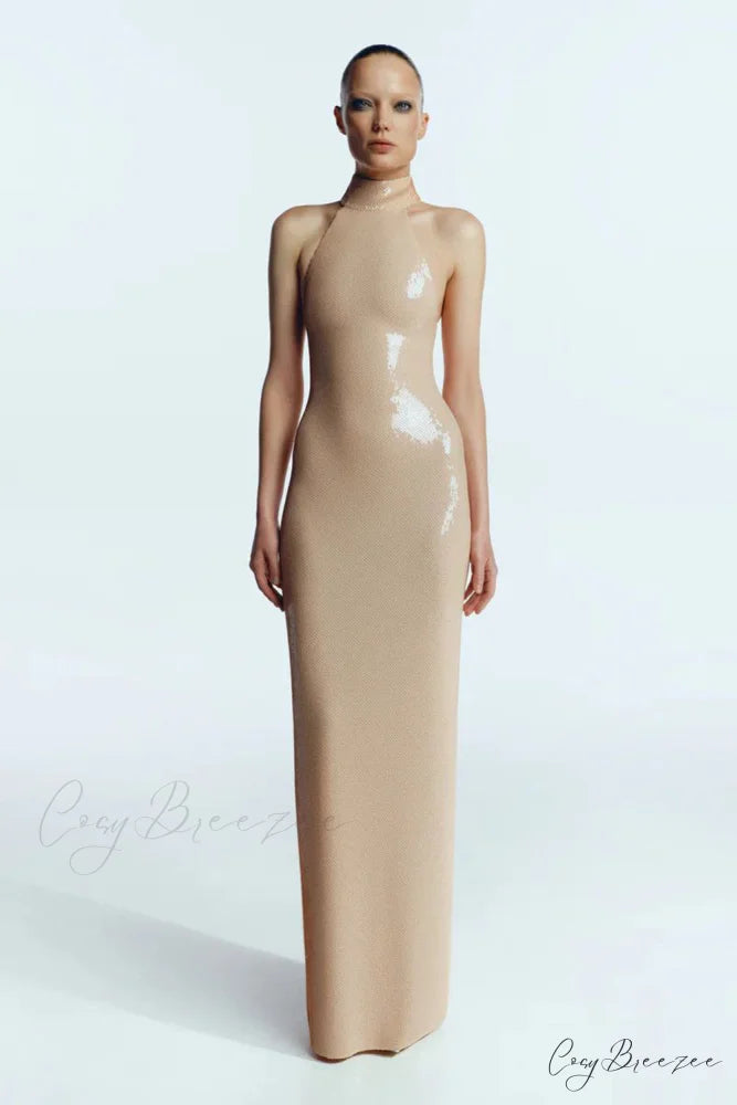 Long-Sleeve Sequin Slit Maxi Prom Dress apricot / XS promdress-250223