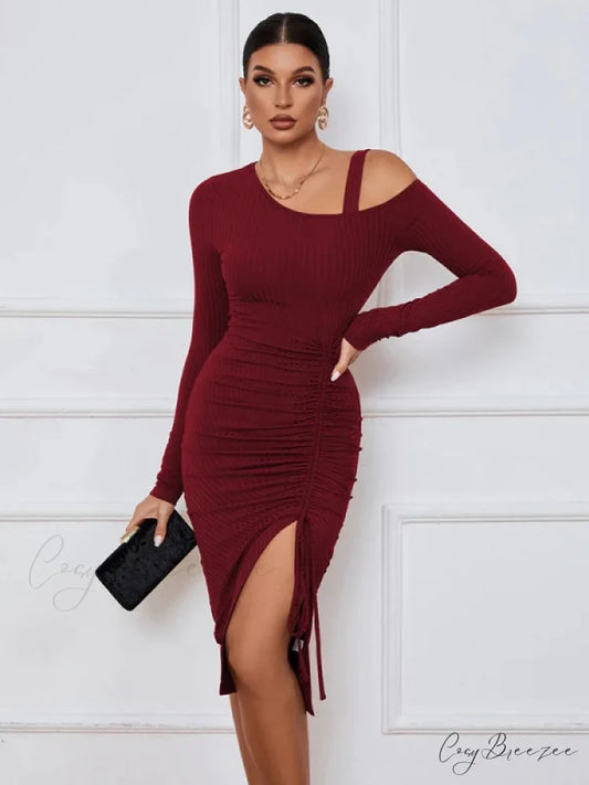 LONG SLEEVE SEXY DRESS S / burgundy