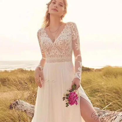 Long Sleeve Sheer Tulle Bridal Wedding Dress lvory white / 2 weddingdress-250223