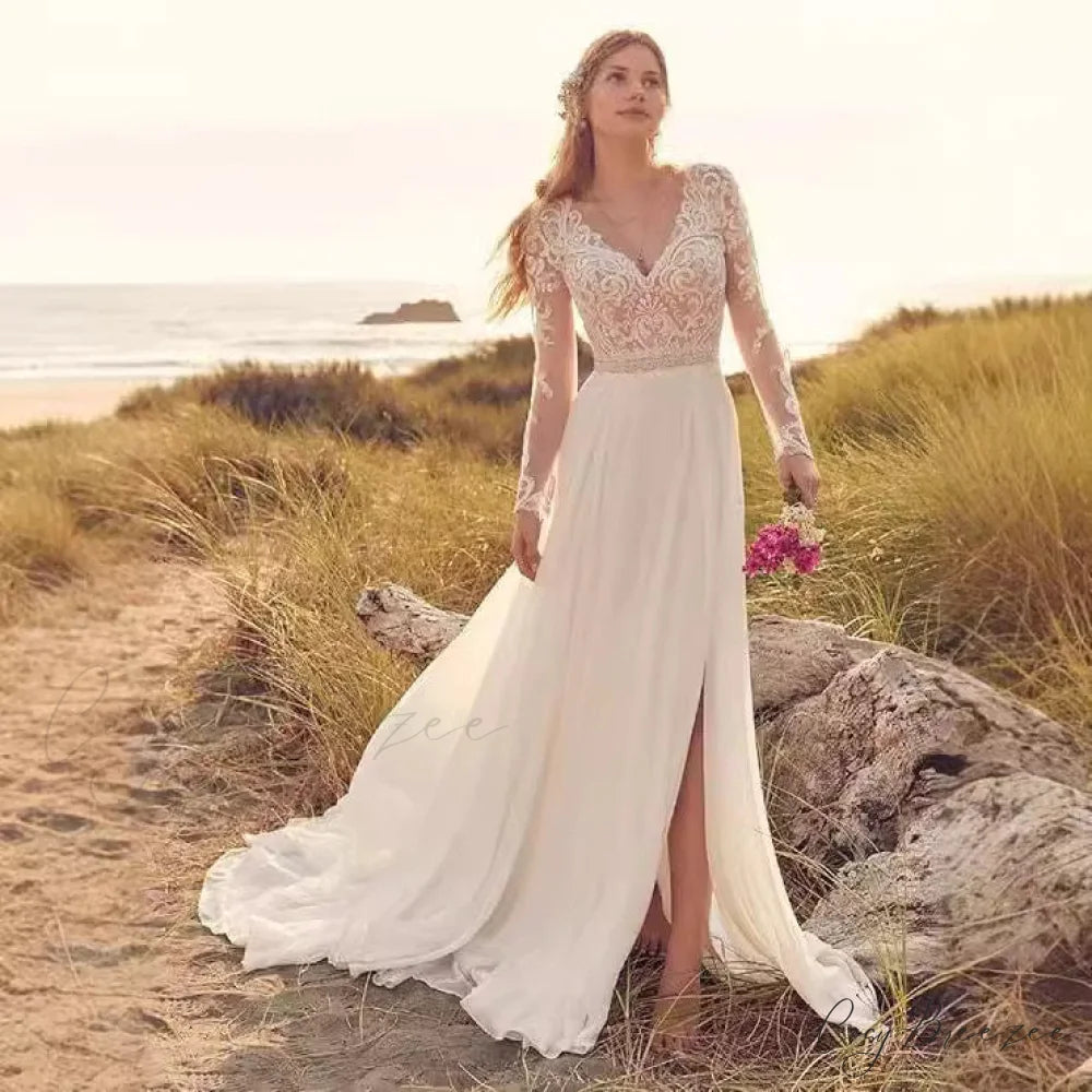 Long Sleeve Sheer Tulle Bridal Wedding Dress white / 2 weddingdress-250223