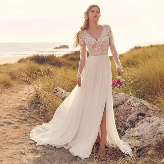 Long Sleeve Sheer Tulle Bridal Wedding Dress white / 2 weddingdress-250223