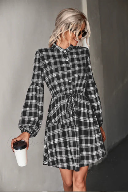 Long Sleeve Shirt Dress - Checked