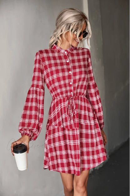 Long Sleeve Shirt Dress - Checked S / black