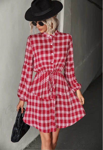 Long Sleeve Shirt Dress - Checked S / red