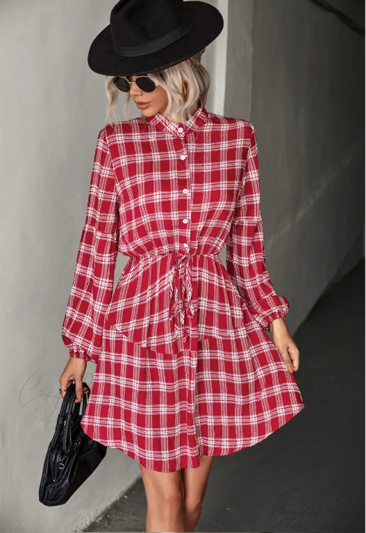 Long Sleeve Shirt Dress - Checked S / red
