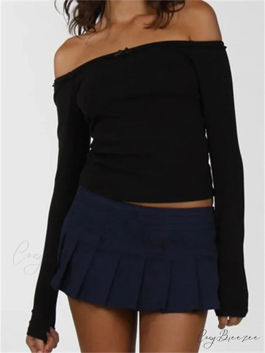 Long Sleeve Slash Neck Bow Patchwork T-Shirts BLACK / S