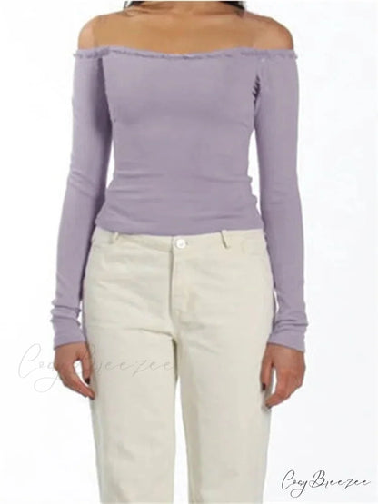 Long Sleeve Slash Neck Bow Patchwork T-Shirts PURPLE / S