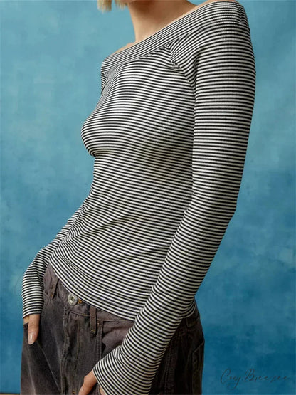 Long Sleeve Slim Colorful Striped Print Slash Neck T-Shirts GREY / S