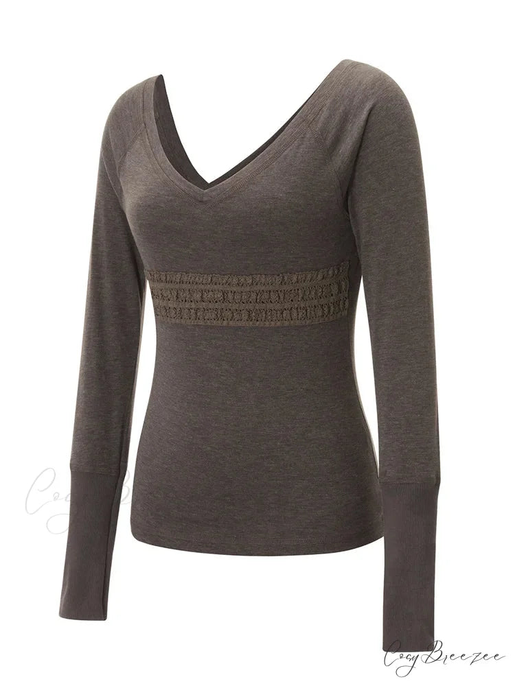 Long Sleeve Slim Fit V-neck Vintage V-neck T-shirts