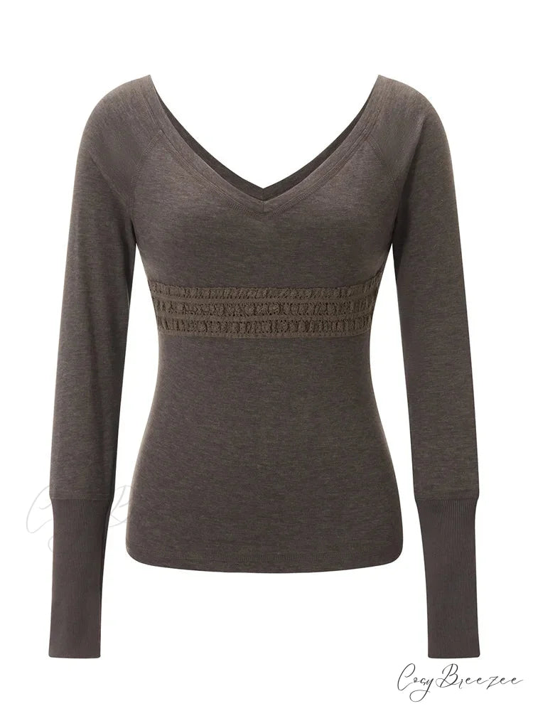 Long Sleeve Slim Fit V-neck Vintage V-neck T-shirts