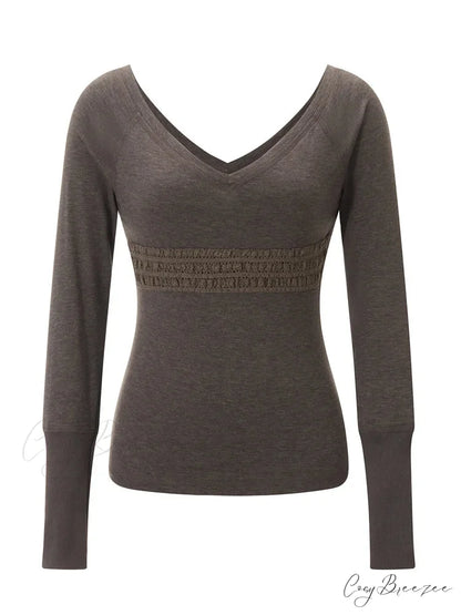 Long Sleeve Slim Fit V-neck Vintage V-neck T-shirts