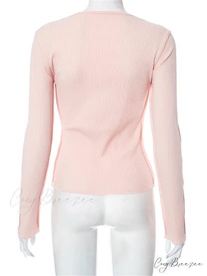 Long Sleeve Solid Color Slim Fit Ribbed Button Up T-shirts
