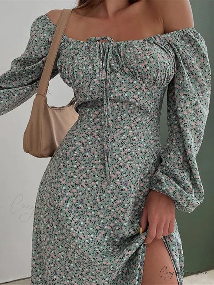 Long Sleeve Square Collar Floral Dress S / Green