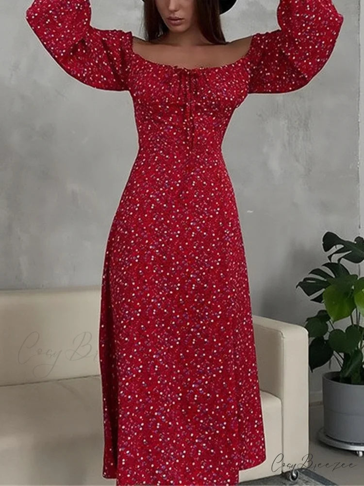 Long Sleeve Square Collar Floral Dress S / Red